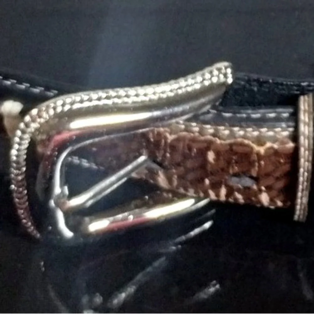 Western Tooled Leather Belt Black Brown Basket Weave Silver Buckle 40 2361P